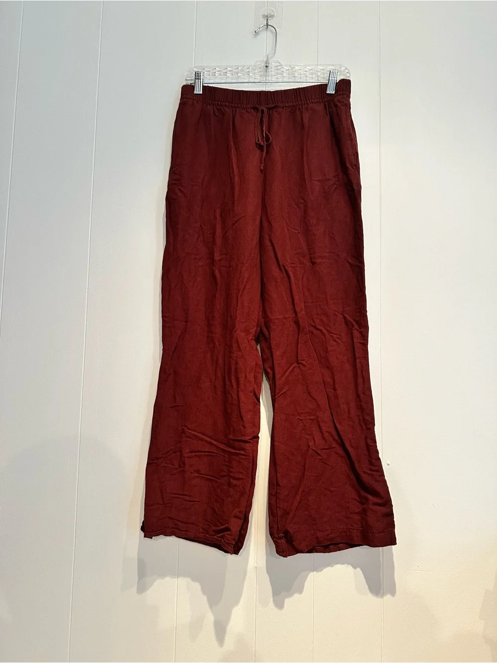 H&M Linen Blend Wide Leg Pull On Pants Burgundy Medium Elastic Waist Pockets